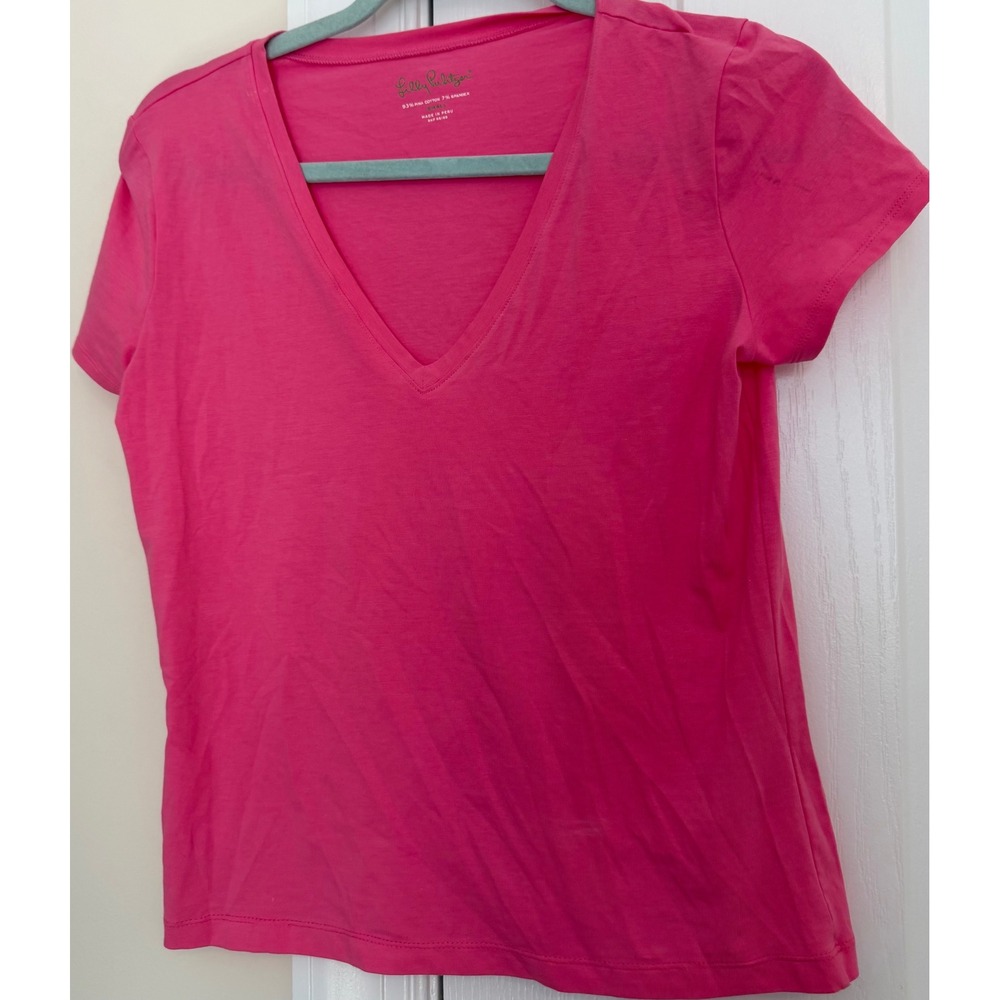 Lilly Pulitzer Womens Etta V-Neck Pima Cotton Tee Pink Short Sleeve Top Small